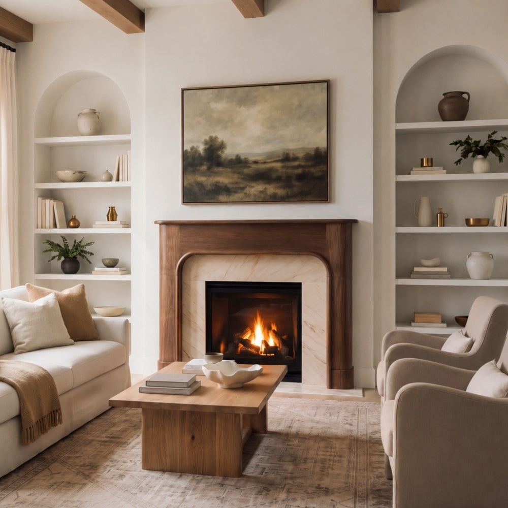 A cozy living room with a fireplace as the focal point, featuring a dark wood mantel, a burning fire, a framed landscape painting above, a light wood coffee table, a cream sofa, and built-in arched shelves with decorative items.