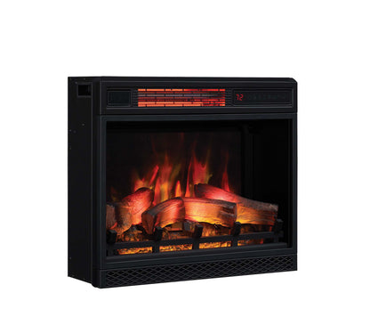 23-inch smart fireplace insert shown outside the mantel, with flames lit, highlighting the realistic log set.