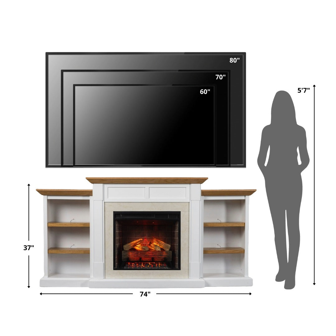 Diagram showing the Belhaven Mantel Bookcase next to a human figure and a large TV sizes, illustrating its size.
