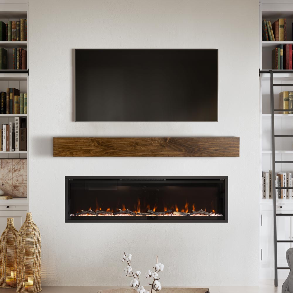 Straight on view of tv above Boone 72-in Wood Mantel Shelf in Provincial Stain above a fireplace with flames. 