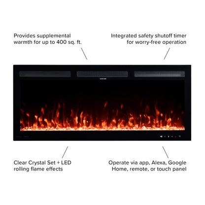 Straight-on view of the 42" Vibrance Linear Electric Fireplace, showing supplemental heat, shutoff timer, crystal and LED effects and and smart features. 