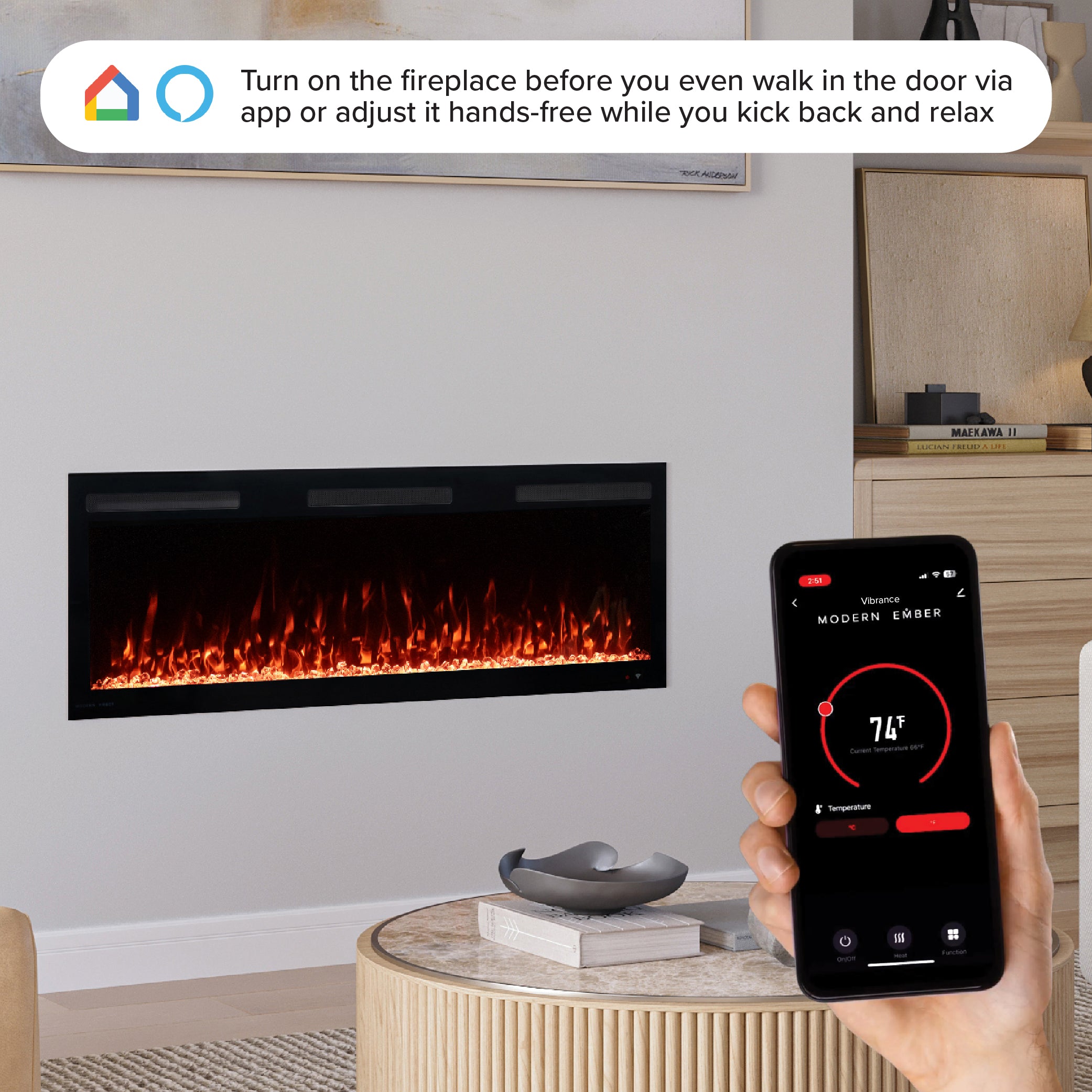 Smartphone screen showing the Wi-Fi app control interface for the 50" Vibrance Electric Fireplace
