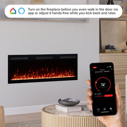 Smartphone screen showing the Wi-Fi app control interface for the 50" Vibrance Electric Fireplace