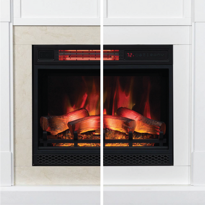 Straight-on view of the 23" firebox insert with realistic logs and bright orange flames showing Frame options. 