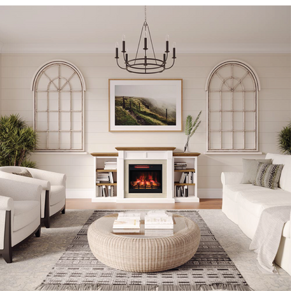 Wide shot of a bright living room featuring the Belhaven Mantel Bookcase as a central, farmhouse-style focal point.
