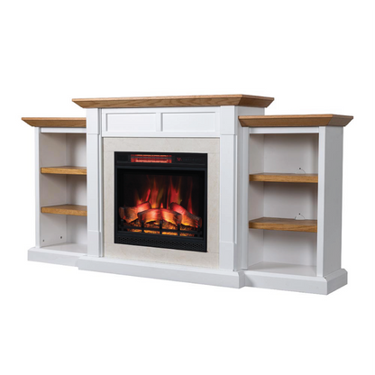 Angled view of the Belhaven Mantel Bookcase in white, highlighting the fireplace opening and tiered side shelves.