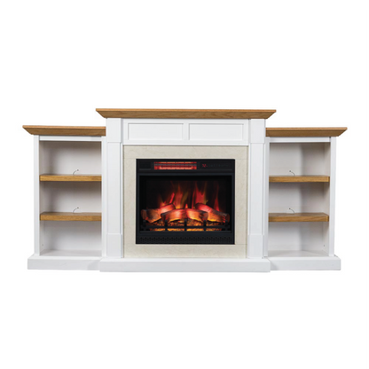 Straight-on view of the Belhaven Mantel Bookcase in white, highlighting the fireplace insert and tiered side shelves.