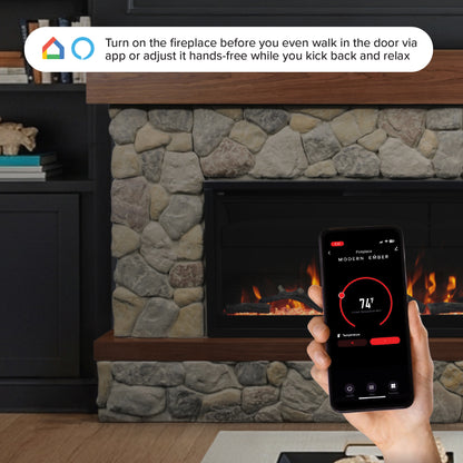 Brookstone River Rock Mantel with 50-inch linear fireplace, shown with Aerus smart control app for customizable flame colors and ember bed hues.