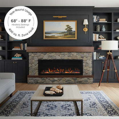 Brookstone River Rock Mantel with 50-inch linear fireplace, installed in a cozy living room with built-in shelving and seating.