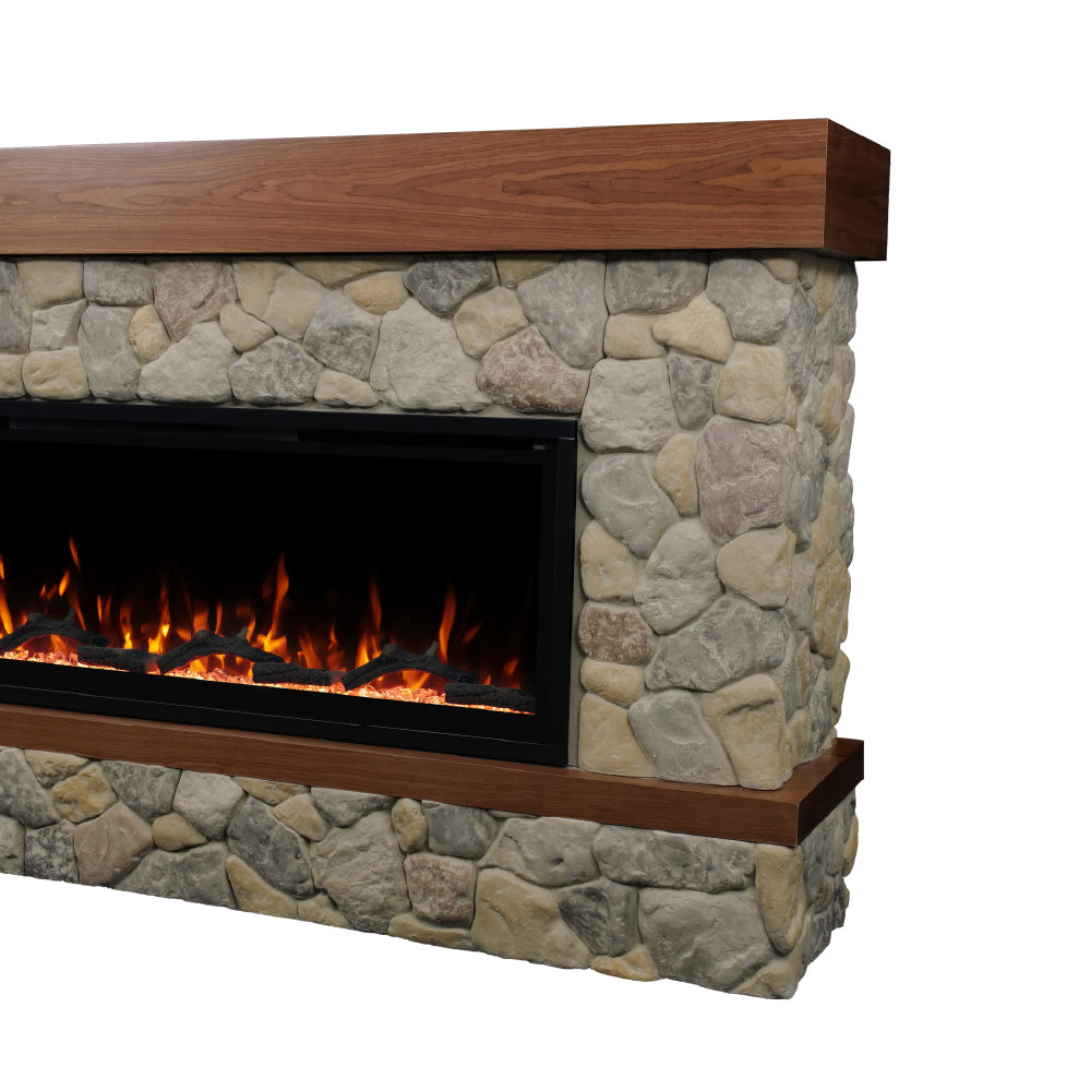 Angled view of the Brookstone River Rock Mantel with 50-inch linear fireplace