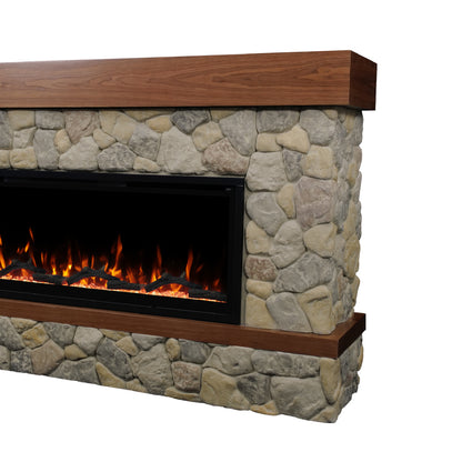Angled view of the Brookstone River Rock Mantel with 50-inch linear fireplace