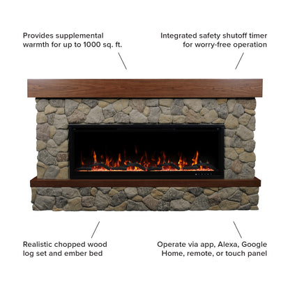 Straight-on rendering of the Brookstone River Rock Mantel with 50-inch linear fireplace, showing natural stone surround and walnut wood mantel shelf.