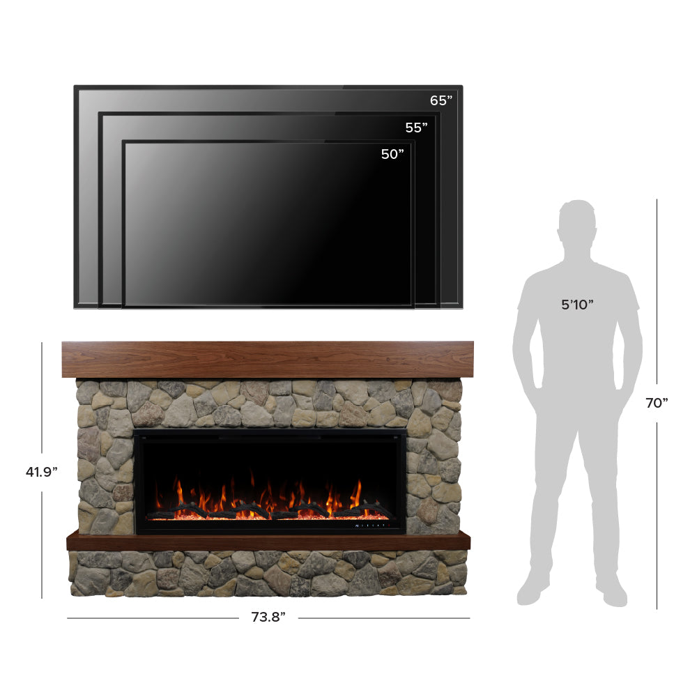 Electric fireplace with stone design, TV above, and dimensions shown with human for perspective. 