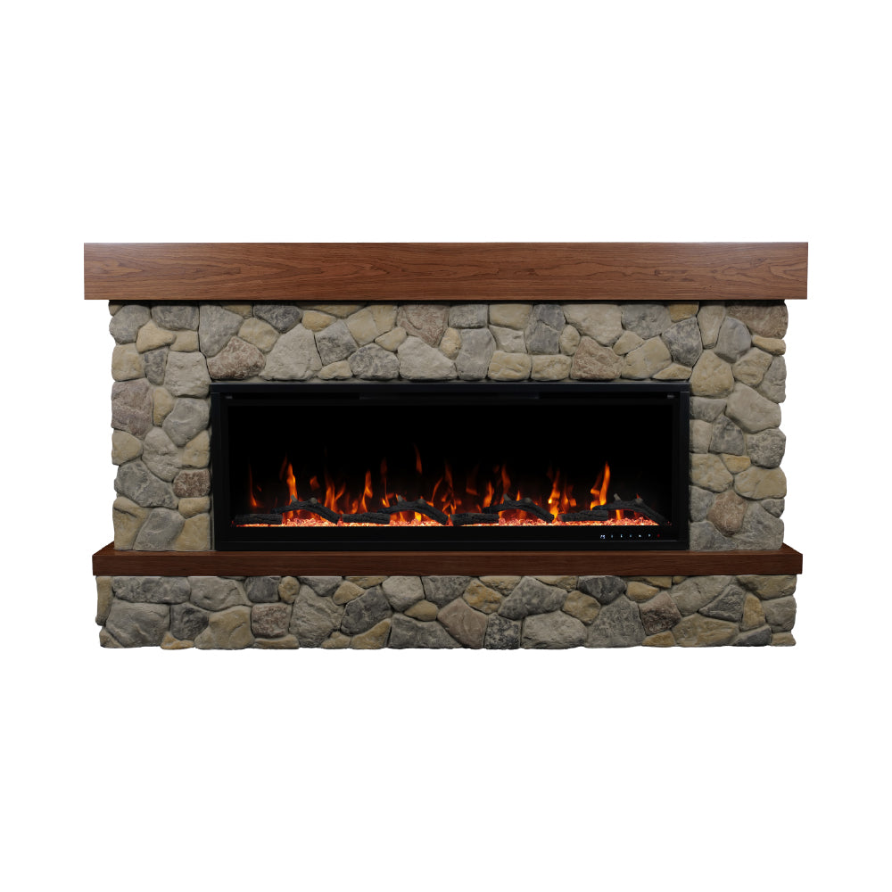 Close-up of Brookstone River Rock Mantel showing hand-finished limestone wash and walnut mantel shelf detail.