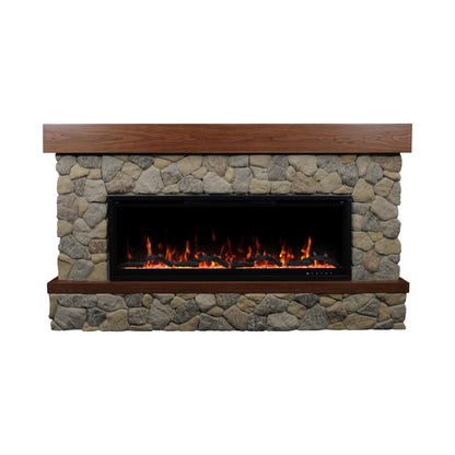 Close-up of Brookstone River Rock Mantel showing hand-finished limestone wash and walnut mantel shelf detail.