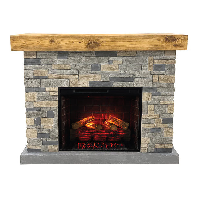 Stone fireplace with wooden mantel and glowing interior on a white background