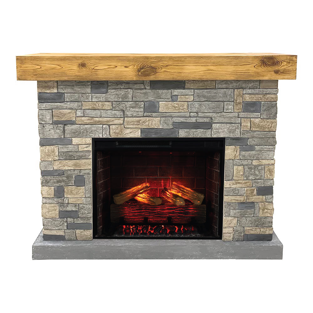Stone fireplace with wooden mantel and glowing interior on a white background
