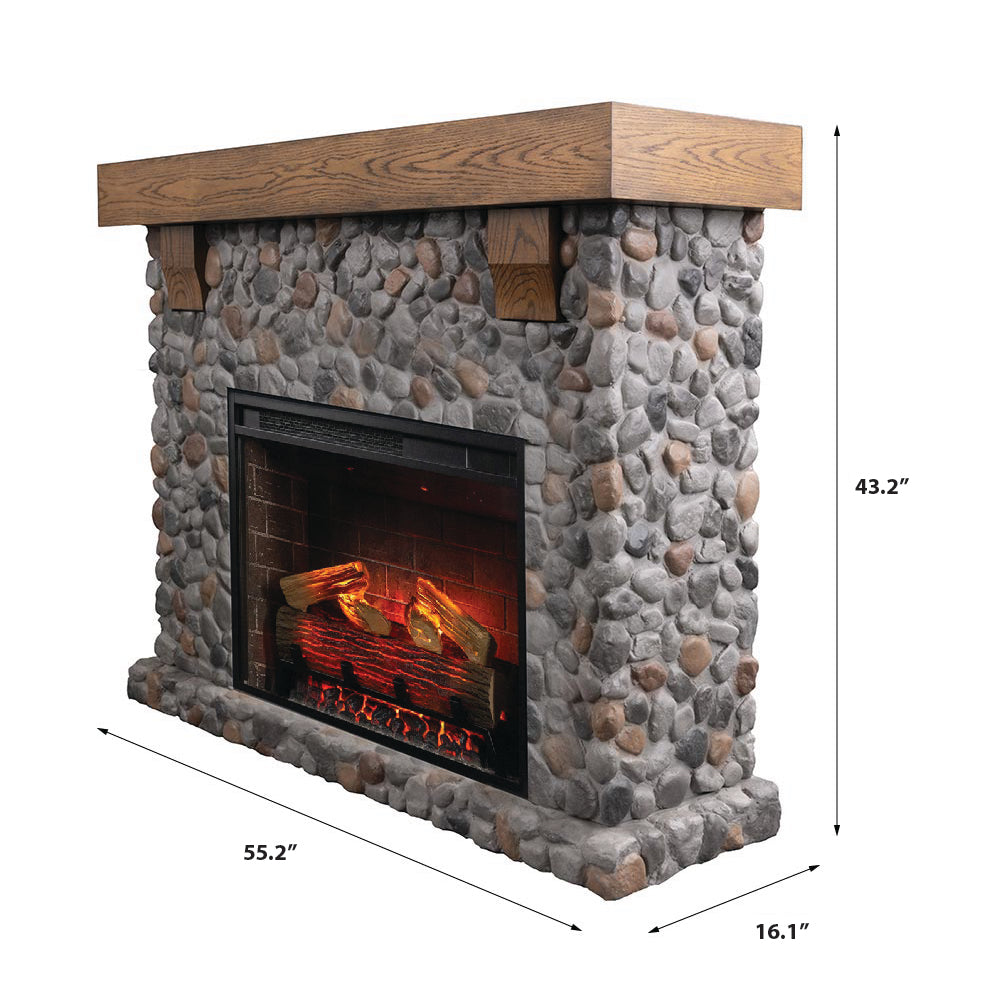 Angled perspective  with dimensions of the Glenbrook River Rock Fireplace, showing the texture of the cast stone and the detail of the white oak corbel.