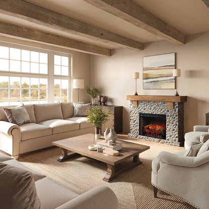 Wide shot of a modern rustic living room with the Glenbrook Mantel serving as the central, statement fireplace.