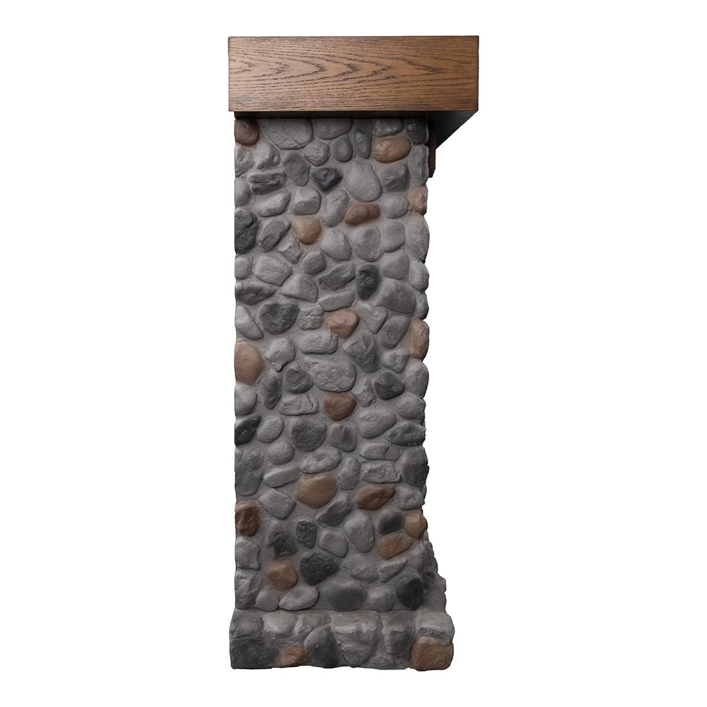 Close-up of the cast stone river rock detailing and the side profile of the mantel, showing the decorative corbel detail.