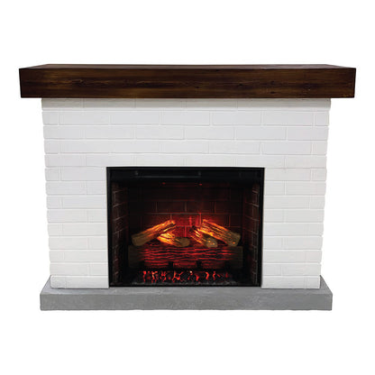 Jackson White Brick Mantel with walnut top and a close-up of the lit firebox insert.