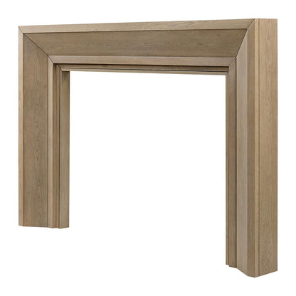 angled close-up of the Everly Mantel Surround in natural oak finish, emphasizing the clean dimension and transitional design.