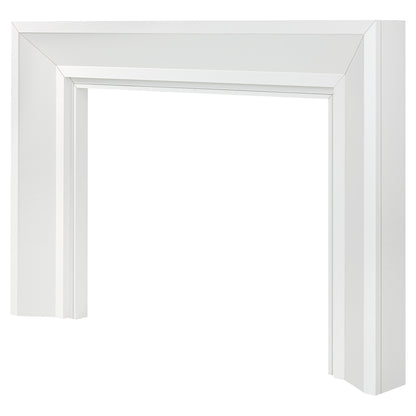 angle view of the Everly Mantel Surround in bright white finish, perfect for a modern or transitional fireplace design.