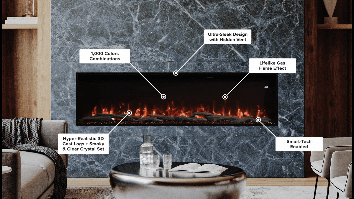 Modern Ember Highmark luxury electric fireplace with labeled features: 1,000 color combinations, ultra-sleek hidden vent design, lifelike gas flame effect, hyper-realistic 3D cast logs with smoky and clear crystal set, and smart-tech integration—showcasing Modern Ember’s premium fireplace innovation.