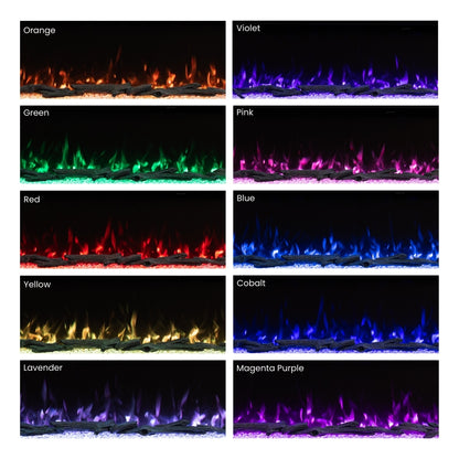 Grid displaying ten bright flame and ember  colors for the Highmark Fireplace, including green, blue, purple, and magenta.