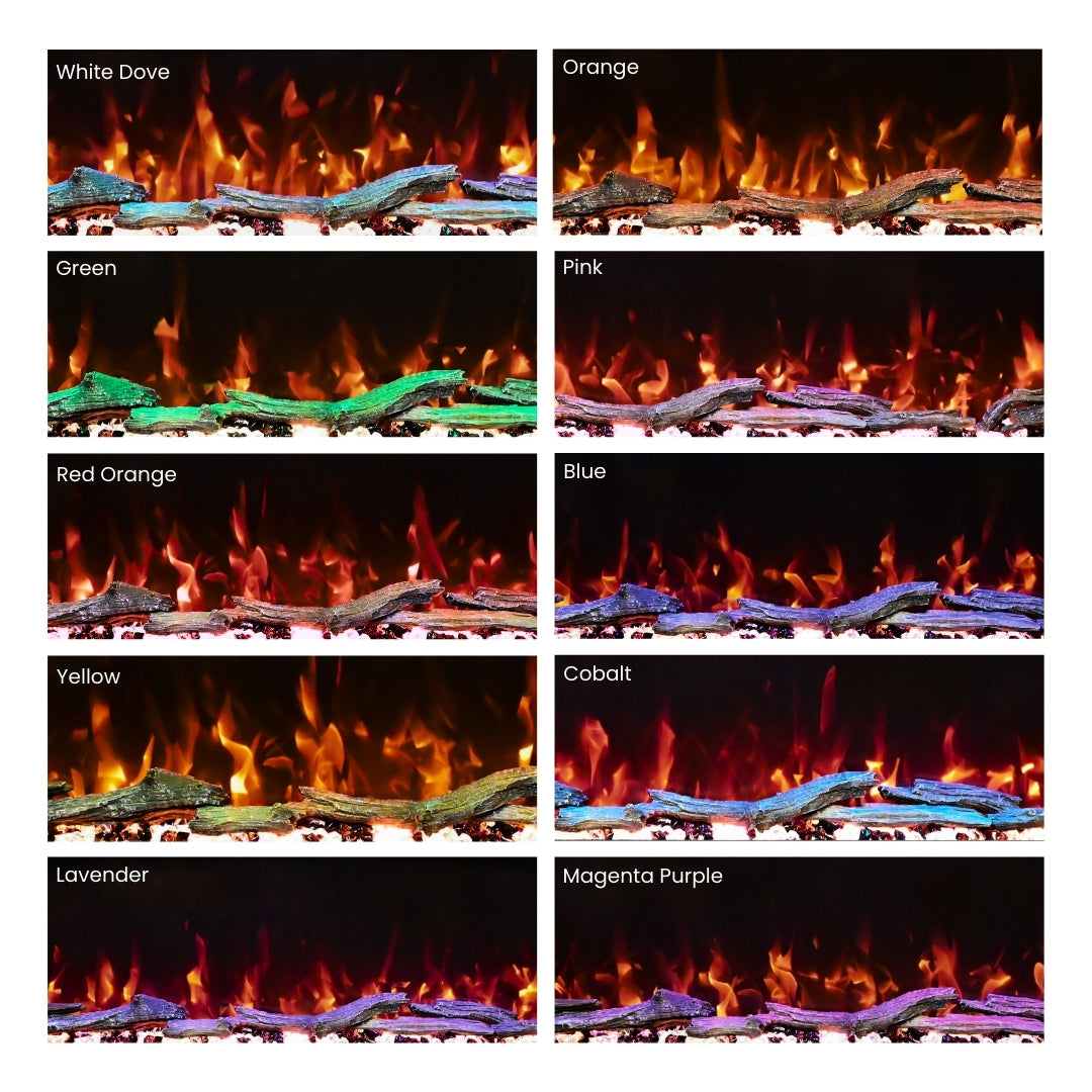 Grid displaying 10 bright flame color combinations for the Highmark Fireplace, including green, blue, purple, and magenta.