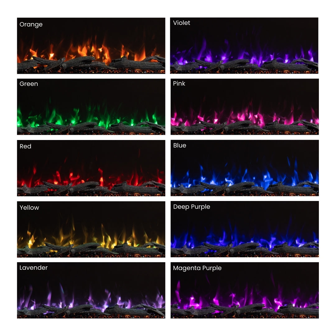 Grid displaying ten bright flame  colors for the Highmark Fireplace, including green, blue, green, yellow, pink, purple, and magenta.