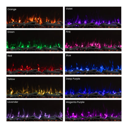 Grid displaying ten bright flame  colors for the Highmark Fireplace, including green, blue, green, yellow, pink, purple, and magenta.