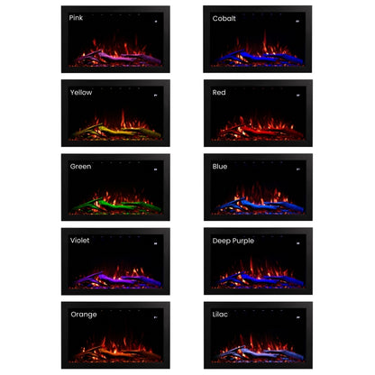 Grid displaying 10  different blue, purple, and magenta log and ember bed color combinations for the Highmark Fireplace.
