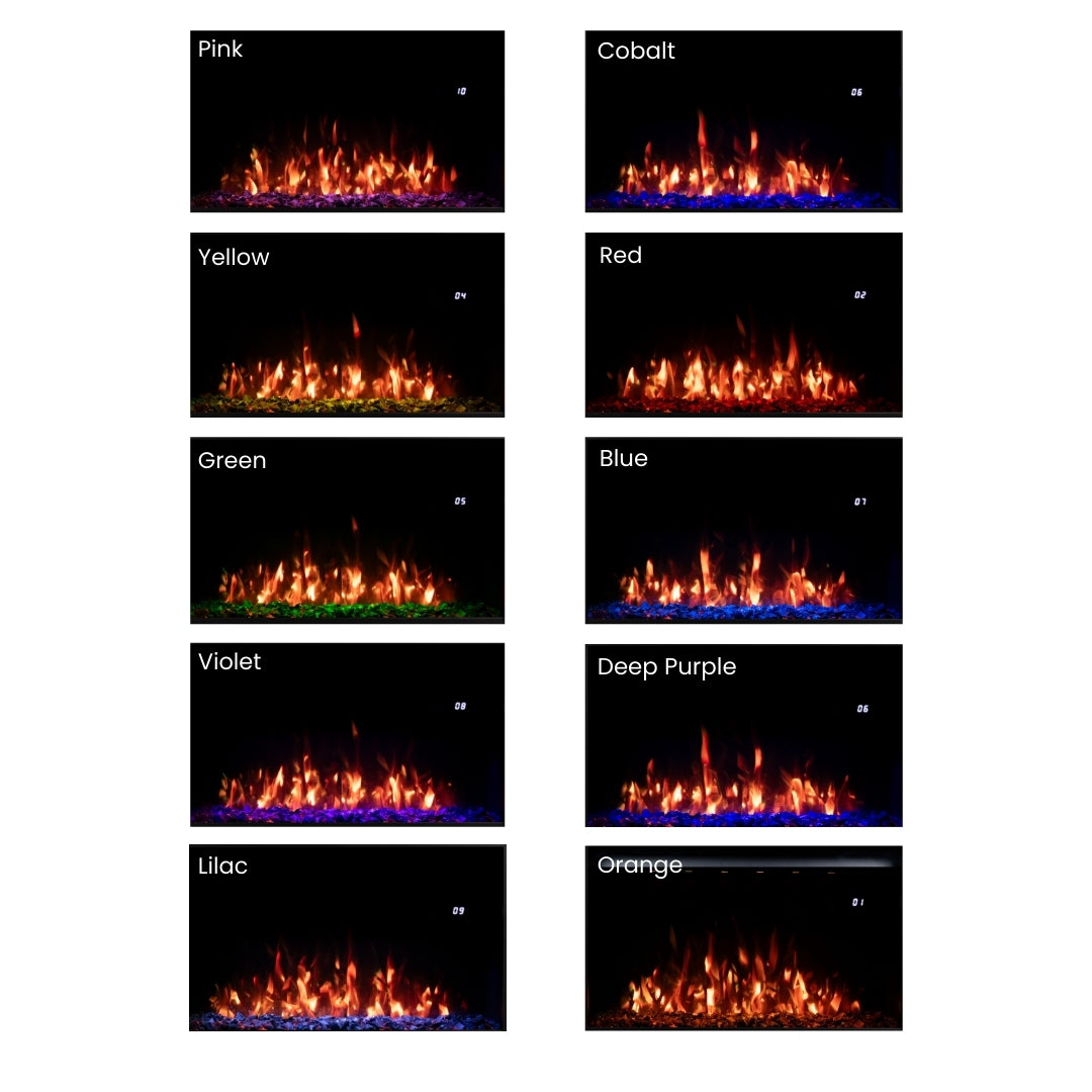 Grid displaying 10 different ember colors for the Highmark Fireplace, including realistic red, orange, and yellow options.