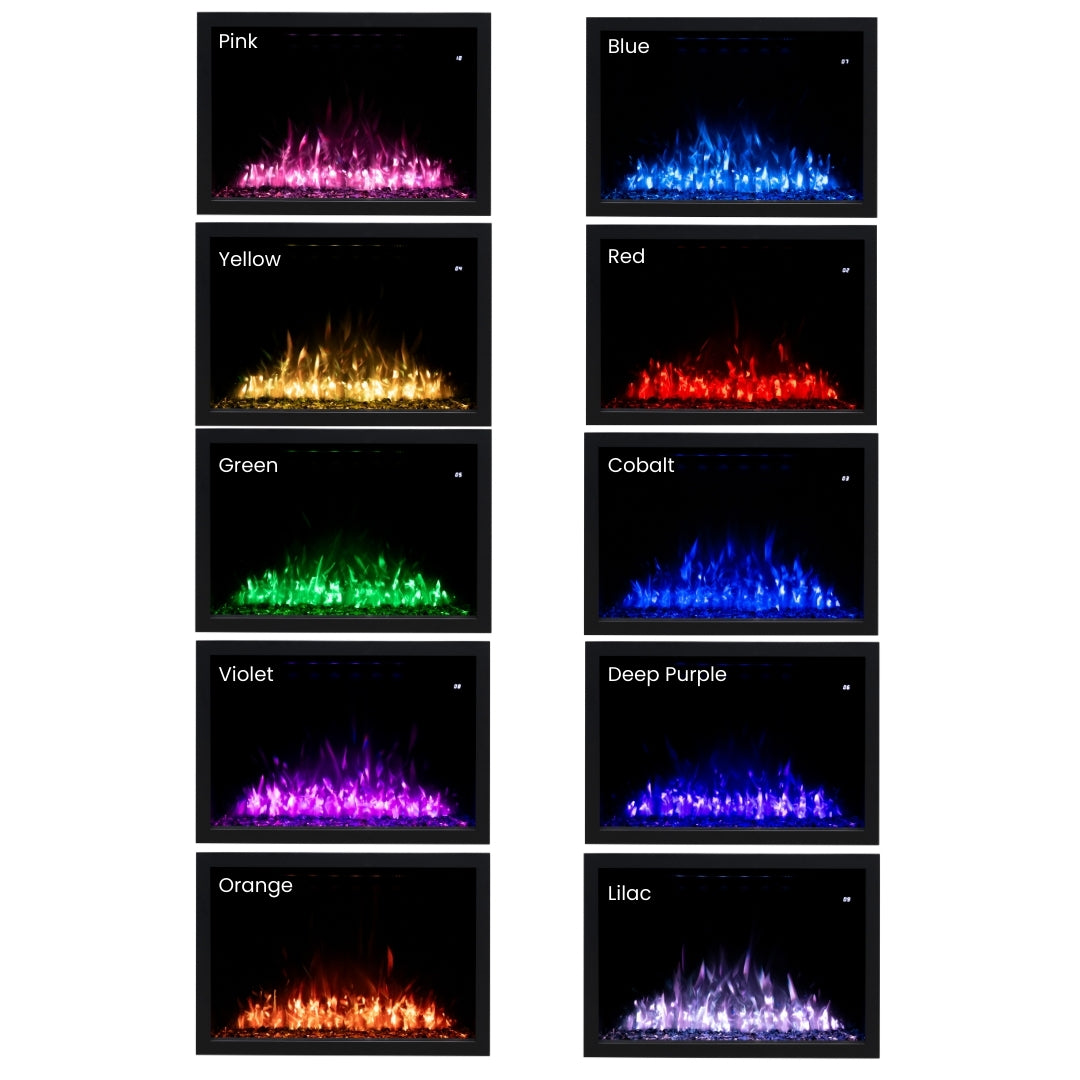 Grid displaying 10 different blue, purple, and magenta flame and ember bed color combinations for the Highmark Fireplace.