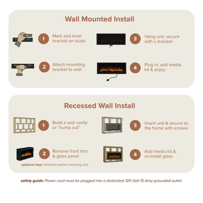 Technical diagram illustrating the Highmark electric fireplace dimensions, showing options for wall-mount or recess installation and slim frame.