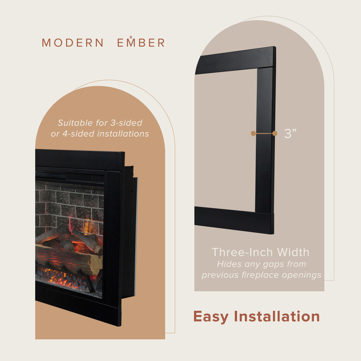 Modern Ember fireplace insert showing 3 sided or 4 sided installation. 