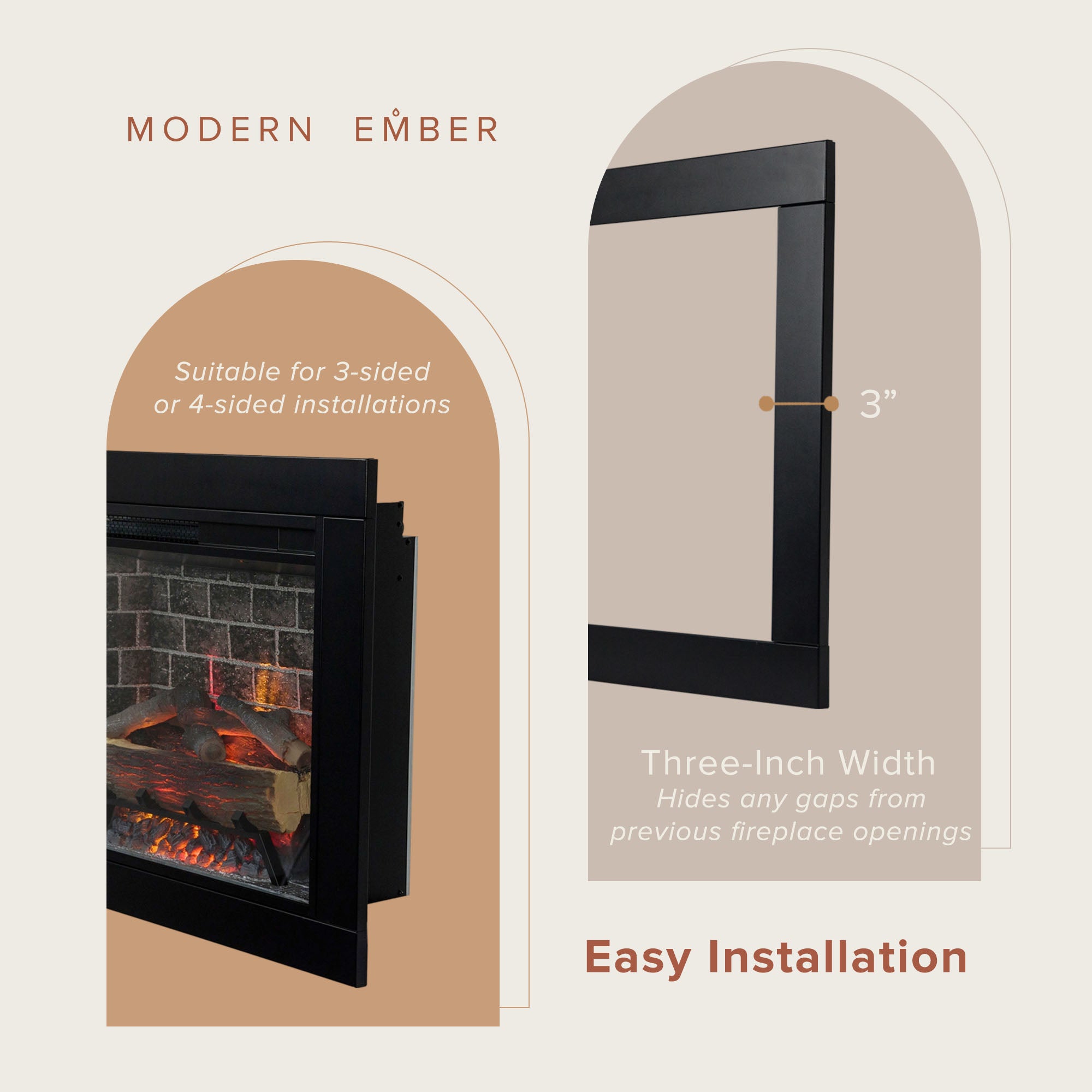 Modern Ember fireplace insert showing 3 sided or 4 sided installation. 