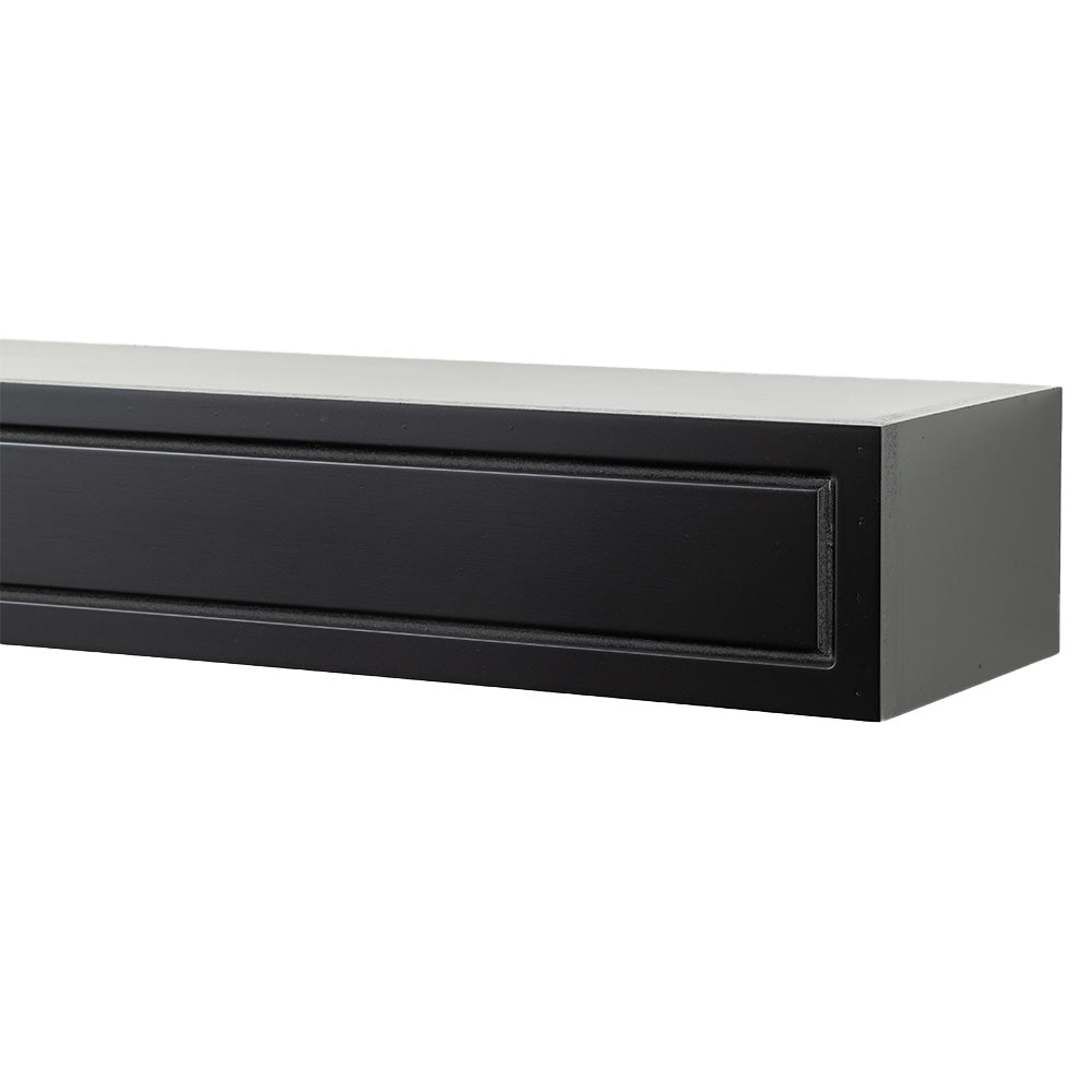 close up, angle shot of Lotta floating mantel shelf, box style, with a simple block design and matte black finish.