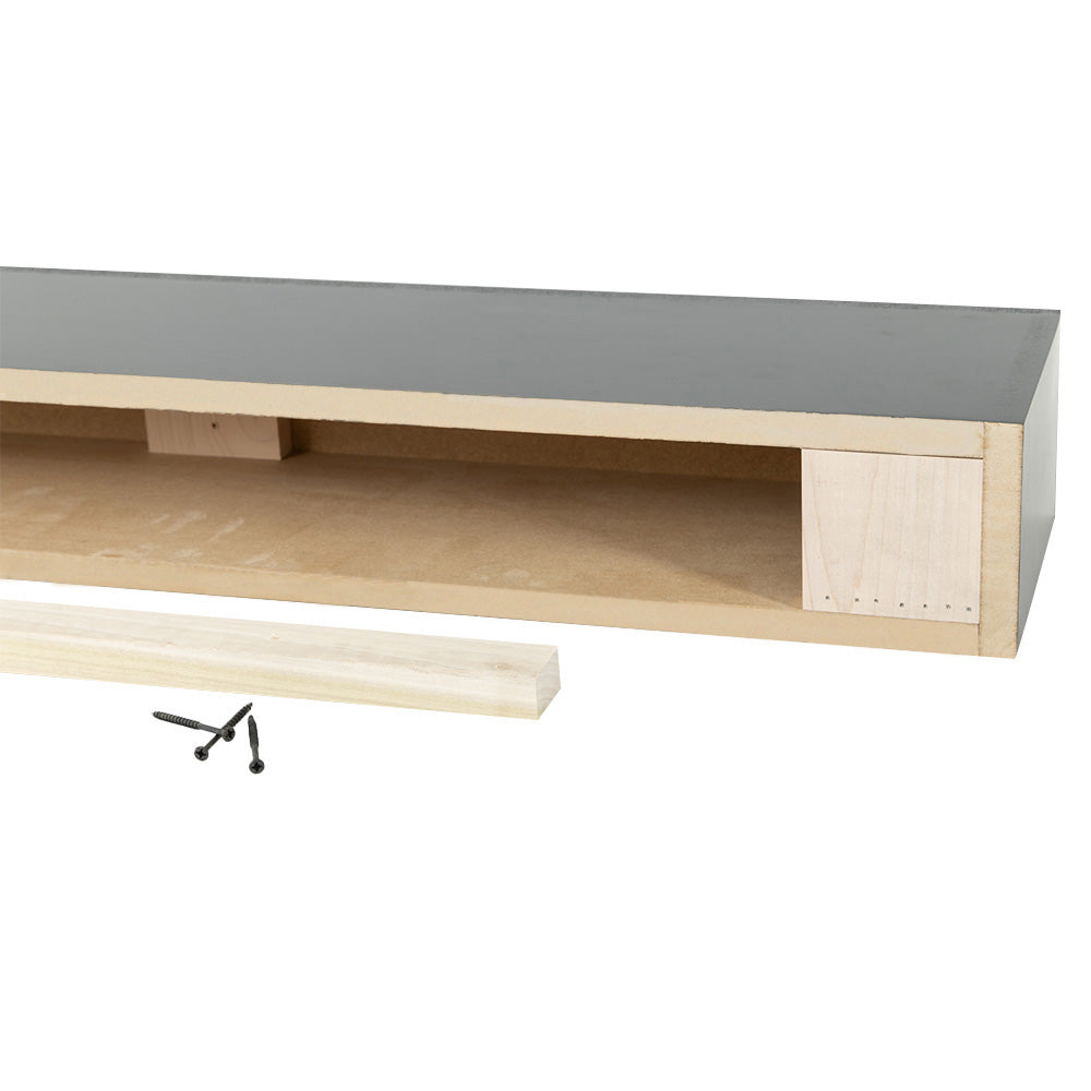 Light gray Lotta floating shelf, box style, showing the underside mounting bracket detail for DIY installation.