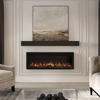 Bright modern living room showcasing the Lotta Shelf in a black finish, demonstrating its simple block design and versatile style above a fireplace.