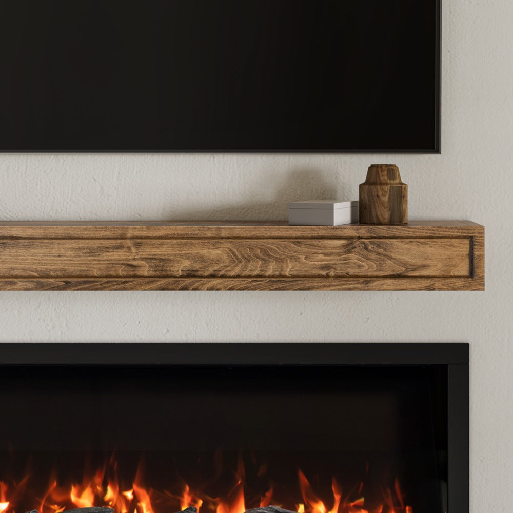 Modern Ember Lotta transitional shelf in Provincial stain installed above a black electric fireplace, below a large flat-screen TV. Rustic modern living room.