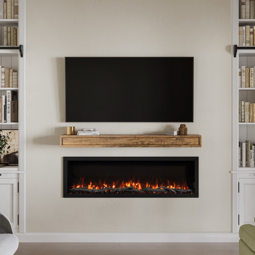 Transitional living room featuring a rustic brown Lotta wood shelf mounted above an electric fireplace and beneath a TV.