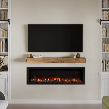 Transitional living room featuring a rustic brown Lotta wood shelf mounted above an electric fireplace and beneath a TV.