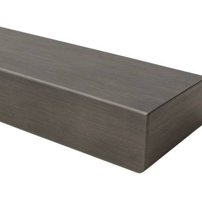 Close up angled view of the Lustra Metal floating shelf in a silver birch finish, emphasizing the clean, minimalist lines and light metallic tone.