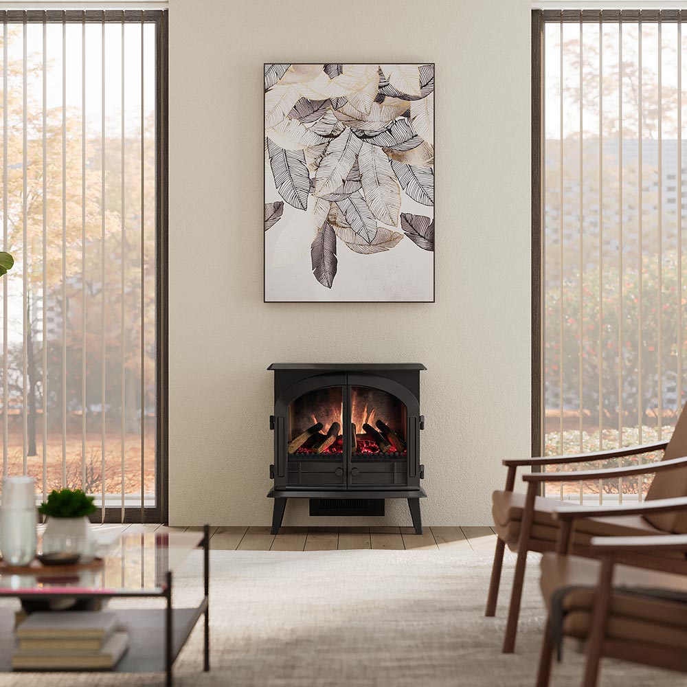 Harlowe Electric Stove in a brightly lit modern living room, demonstrating how the classic style acts as a timeless charm centerpiece.