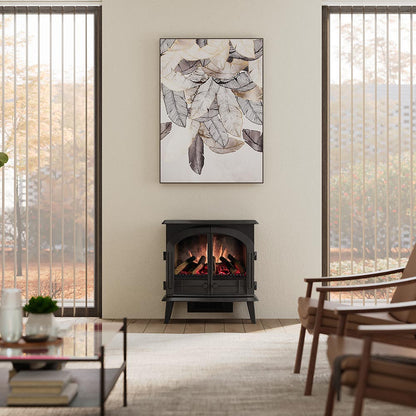 Harlowe Electric Stove in a brightly lit modern living room, demonstrating how the classic style acts as a timeless charm centerpiece.