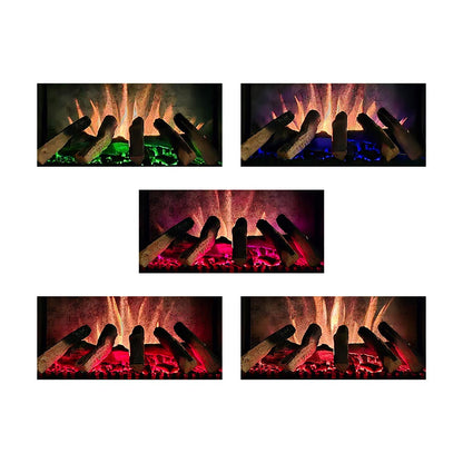 Grid showing five different Harlowe stove flame and ember color combinations, illustrating the range of custom ambiance options, green, pink, red, blue.