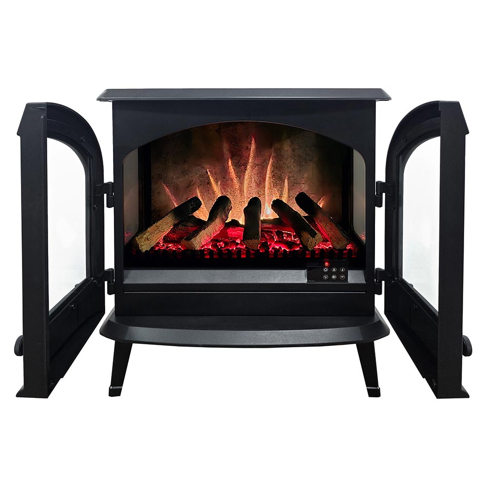 Angled side view of the Harlowe electric stove in a black  finish, showing its compact size and realistic flame effect. 