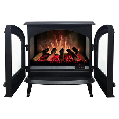Angled side view of the Harlowe electric stove in a black  finish, showing its compact size and realistic flame effect. 